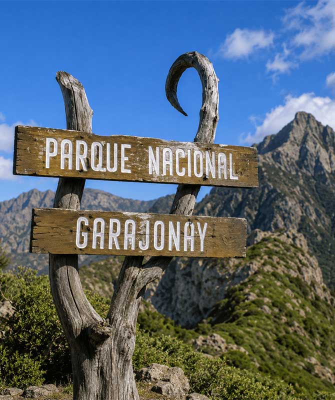 Cartel del Parque Nacional Garajonay con montañas al fondo